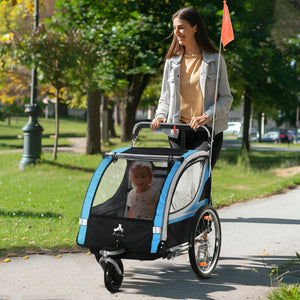 2-seater bicycle trailer with handbrake, 5-point harness, blue