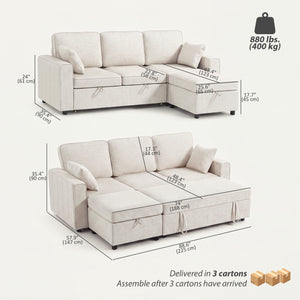 Modular sectional sofa bed with reversible storage ottoman and spring cushions, beige