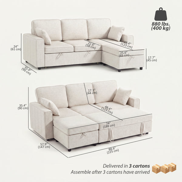 Modular sectional sofa bed with reversible storage ottoman and spring cushions, beige