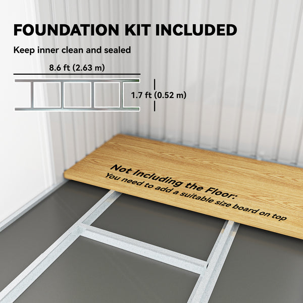 Metal garden shed with foundation kit, ventilation and doors, light grey