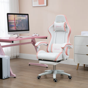 PU leather gaming chair with footrest, reclining backrest, white