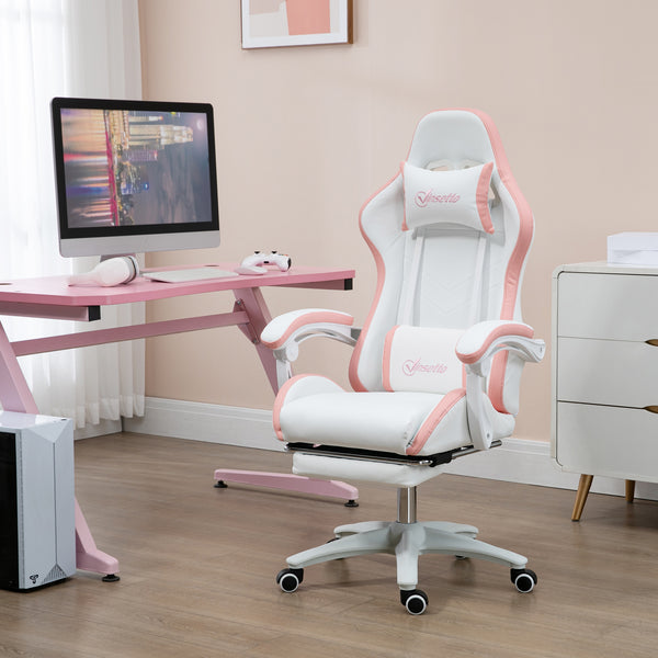 PU leather gaming chair with footrest, reclining backrest, white