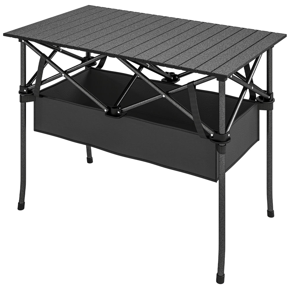 Folding camping table with storage net, carry bag and metal frame, black