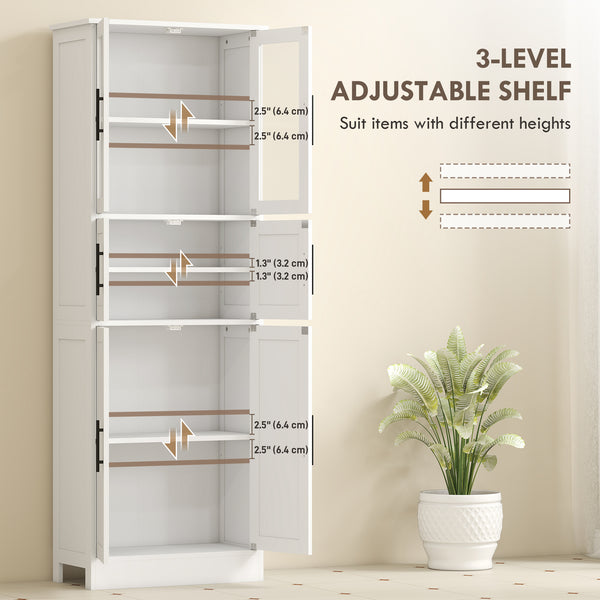 Bathroom storage cabinet with glass doors and adjustable shelves, white