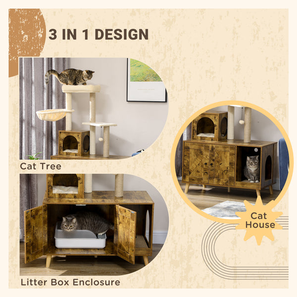 Litter box furniture with cat tree tower, rustic brown