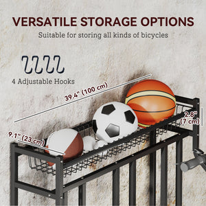 Metal bicycle rack with basket and hooks, black