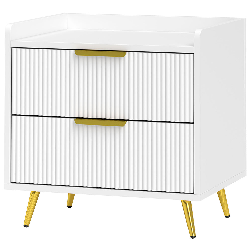 Bedside table with 2 drawers and gold metal legs, white