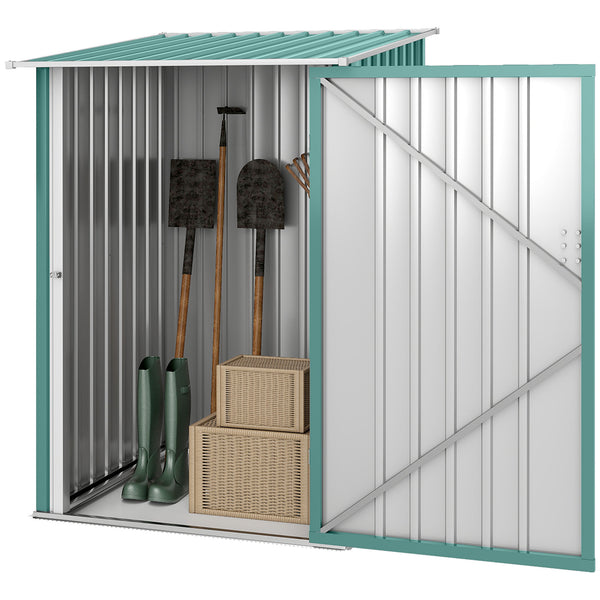 Lean-to garden shed in galvanized steel with lockable door, green