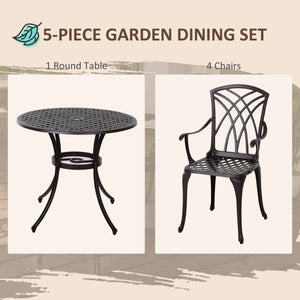 5-Piece Outdoor Dining Set, Cast Aluminum Patio Table and Chairs with Umbrella Hole, Brown