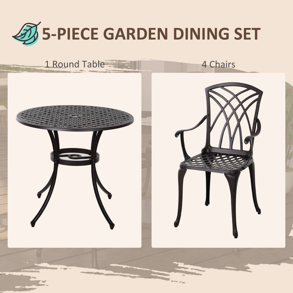5-Piece Outdoor Dining Set, Cast Aluminum Patio Table and Chairs with Umbrella Hole, Brown