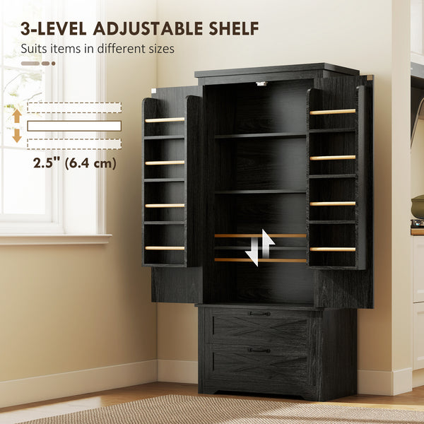 Country Style Pantry with Drawers, Distressed Black