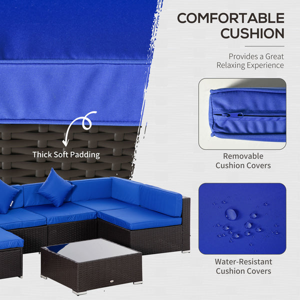 7-piece rattan garden furniture set, wicker corner sofa for patio, blue