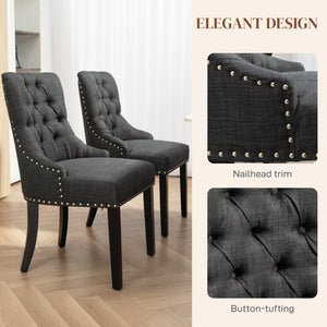 Set of 2 linen dining chairs with studded trim and wooden legs, dark grey