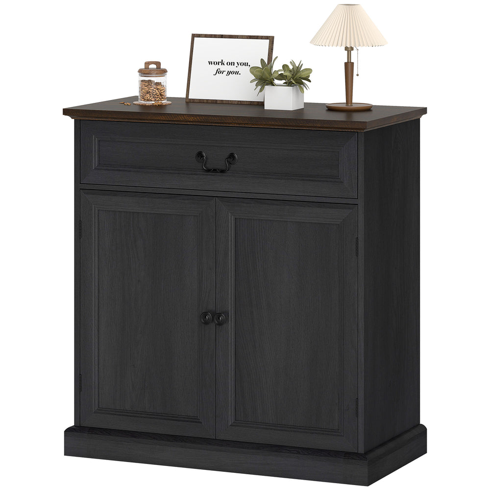 Farmhouse style buffet, thick top, silent drawer and adjustable shelf, black wood finish.
