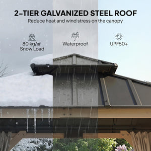 10' x 10' outdoor gazebo with double rigid steel roof, wood frame, curtains and hooks, light grey
