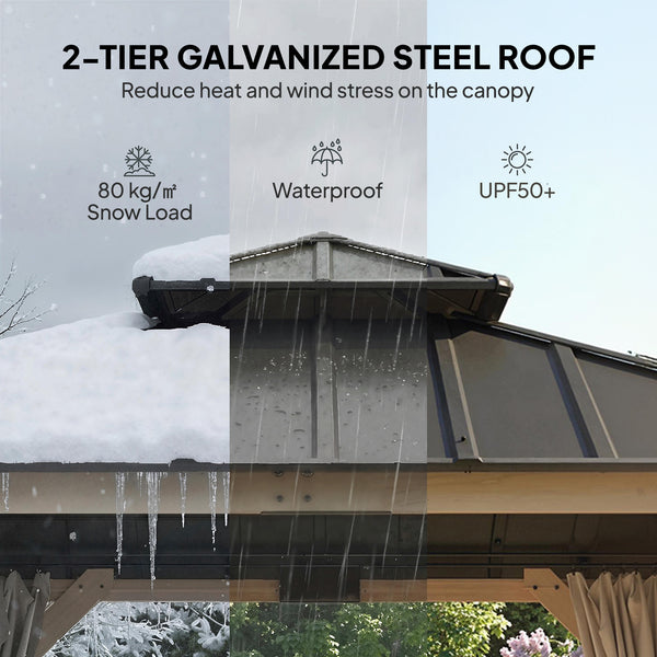 10' x 10' outdoor gazebo with double rigid steel roof, wood frame, curtains and hooks, light grey