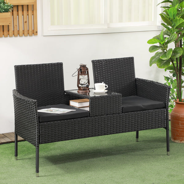 Patio furniture with coffee table and two-seater sofa in PE rattan with cushion, black