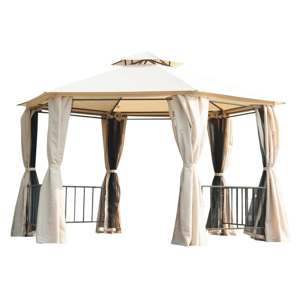 13 ft hexagonal gazebo with mosquito netting and shade curtains, beige