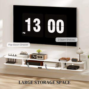 71" Floating Wall Mounted TV Stand with Drop-Down Drawer and 2 Open Shelves, White