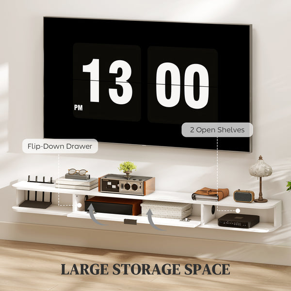 71" Floating Wall Mounted TV Stand with Drop-Down Drawer and 2 Open Shelves, White
