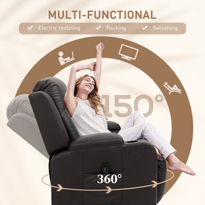 360° Swivel Leather Recliner Chair with Vibration and Cup Holders, Brown