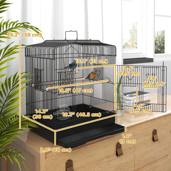 58cm Bird Cage, Finches, Canaries, Parrots with Doors and Perches, 2 Feeders, Pet Supplies, Black 