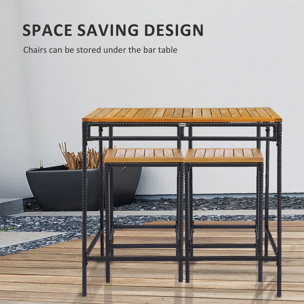 3 Piece Wicker Bar Set, Bar Table and Chairs with Acacia Wood Top, Natural Wood