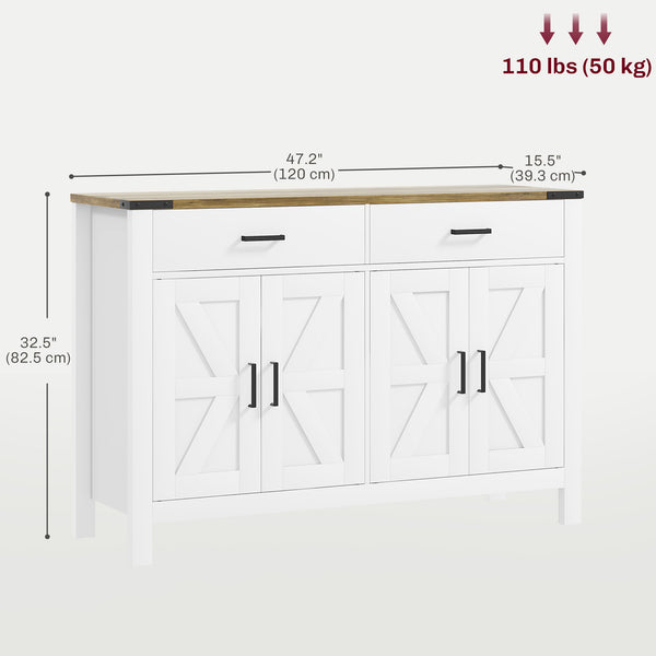 Farmhouse style sideboard with 2 drawers, 2 storage compartments and adjustable shelves, white