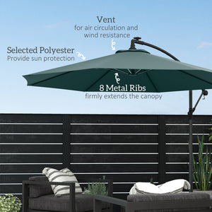 10-foot cantilever parasol with solar LED lighting, green