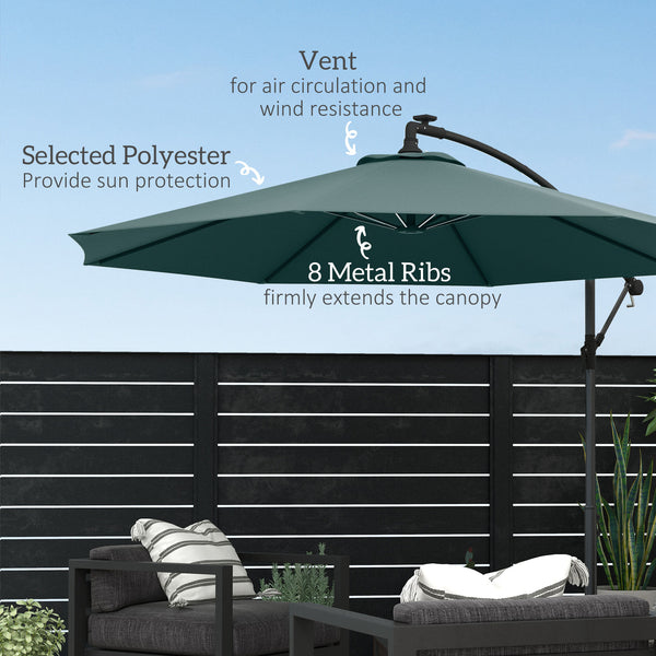 10-foot cantilever parasol with solar LED lighting, green