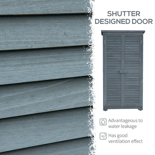 Wooden garden shed with 3-tier shelves, asphalt roof and shuttered doors