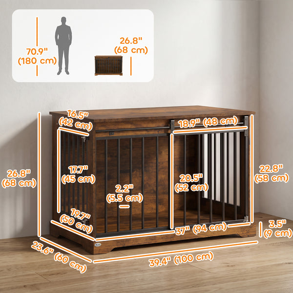 Sliding Door Dog Crate Furniture, 100 cm, Black and Wood Effect