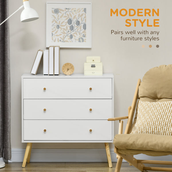 White chest of drawers with 3 drawers, modern chest of drawers with solid wood legs and handles, white