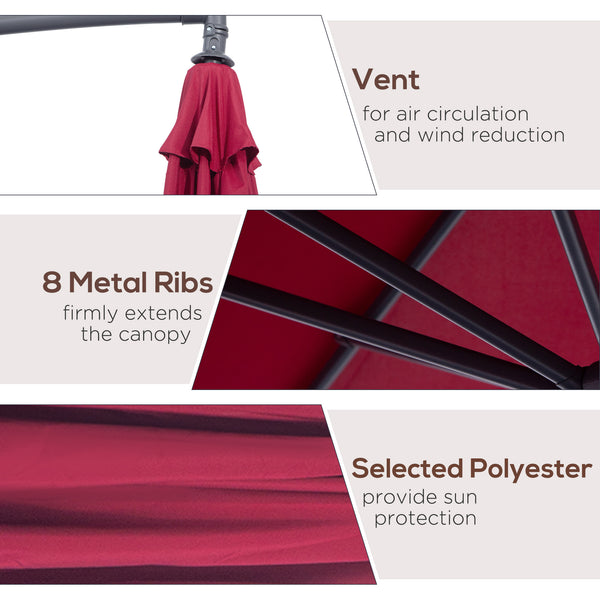 10' Patio Umbrella, Offset Hanging with Crank, Cross Base, Wine Red