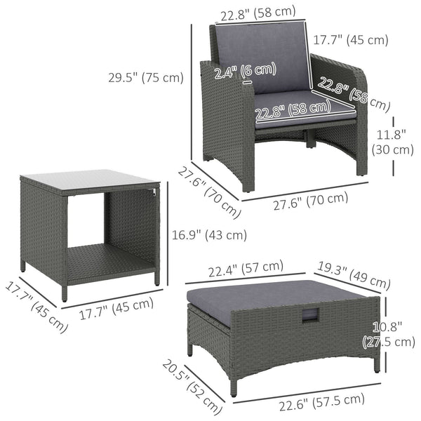 5 Piece Rattan Furniture Set with Two-Tier Coffee Table and Ottomans, Grey