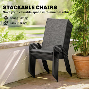 6-seater outdoor dining set, mesh stacking chairs with parasol hole, grey