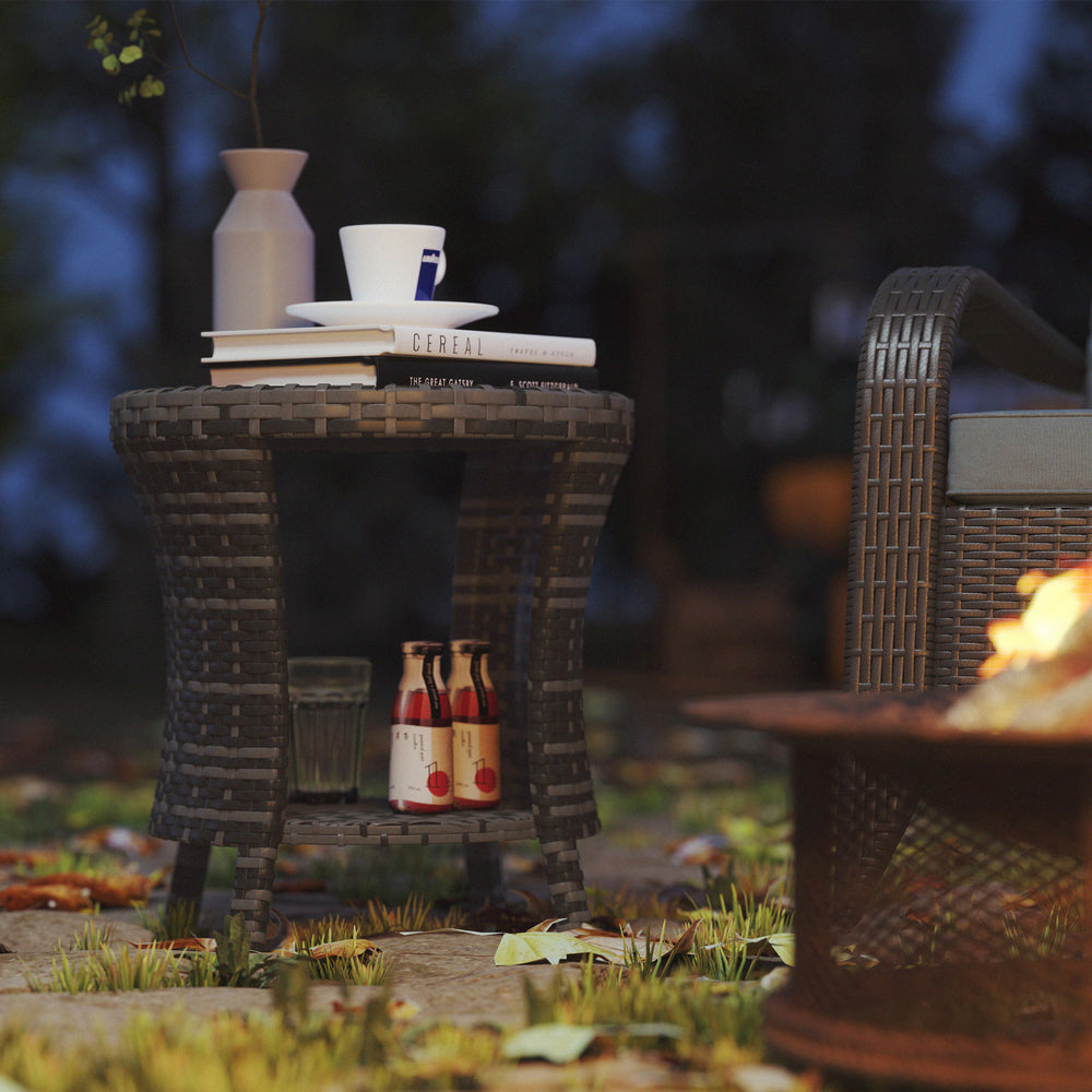 18" Wicker Outdoor Coffee Table, PE Rattan Patio Side Table with 2-Tier Storage, Composite Wood Top, Grey