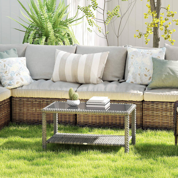 Outdoor Wicker Coffee Table with Glass Top, Dark Grey