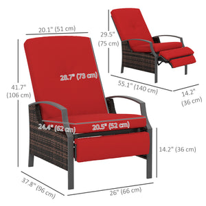 Outdoor Rattan Recliner Chair with Adjustable Backrest and Retractable Footrest, Wine Red Color