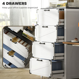 Country Style 4 Drawer Filing Cabinet with Adjustable Hanging Bars for Letter, A4, Legal Size, White