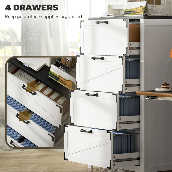 Country Style 4 Drawer Filing Cabinet with Adjustable Hanging Bars for Letter, A4, Legal Size, White