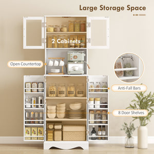 White pantry cabinet with glass doors, 8 door shelves and space for a coffee maker