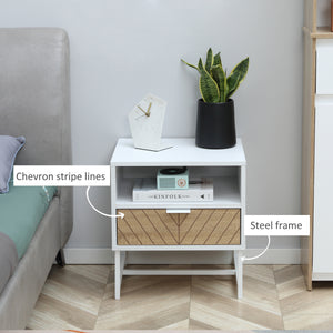 Modern bedside table with drawer and storage shelf, white and oak