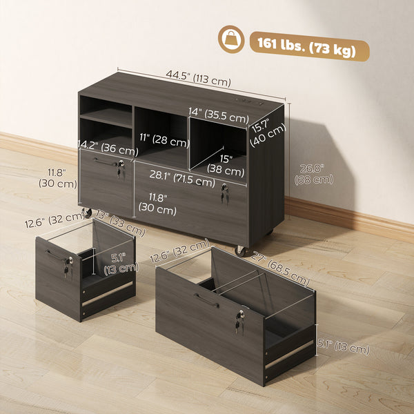 Mobile filing cabinet with charging station, locking drawers, and file storage, dark gray