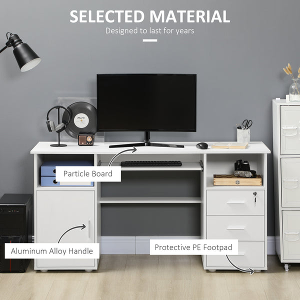 Computer desk with keyboard tray and drawers, white