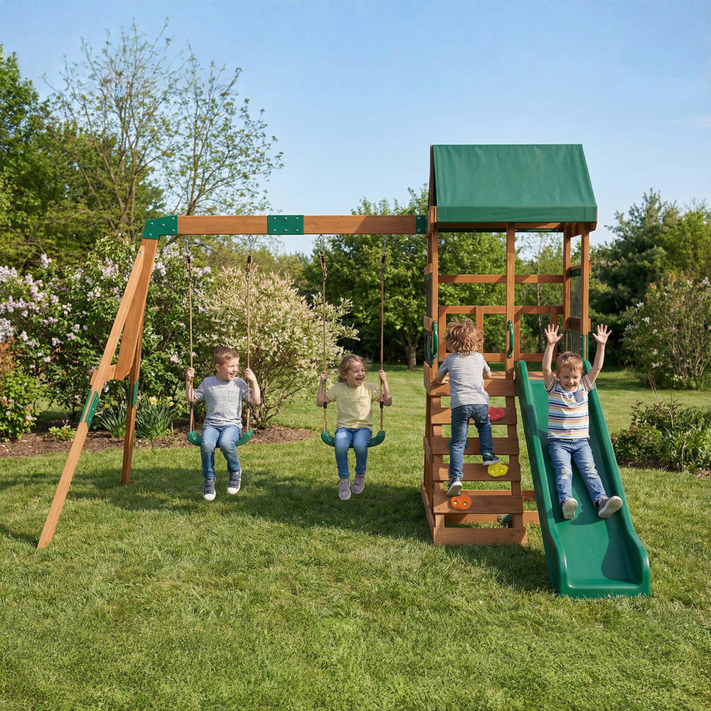 Outdoor play structure with slide, 2 swings, climbing wall and covered deck, outdoor children's play area