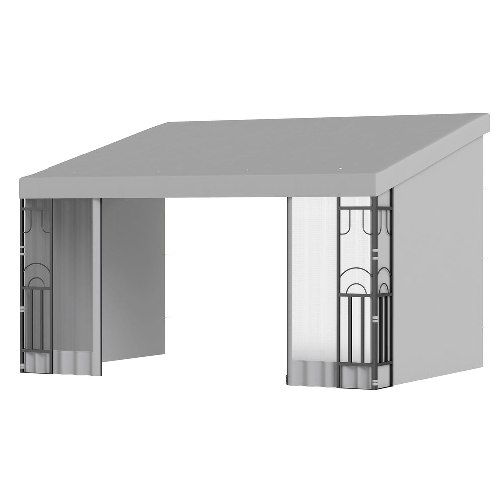 Pergola murale gris clair 10 x 13 pieds avec deux rideaux et deux filets, résistante aux UV, installée sur une terrasse