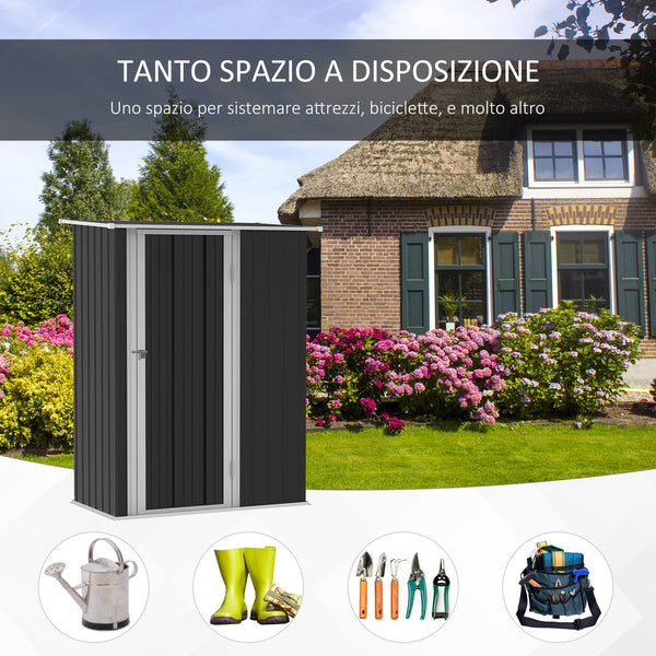 Metal garden shed with sloping roof and lockable door for tools, grey