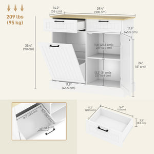 Tilt-out trash can cabinet with 2 drawers, white