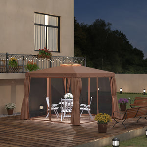 10' x 10' Outdoor Gazebo with Double Soft Top and Curtains and Mosquito Netting, Brown